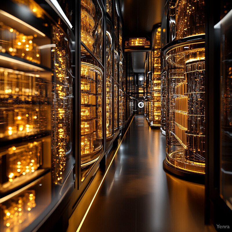 A long hallway lined with shelves containing numerous glass containers filled with gold.