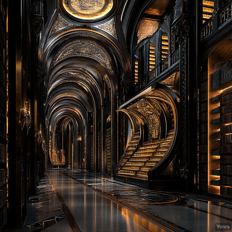 An ornate library with black walls and gold accents, featuring rows of bookshelves filled with leather-bound books.