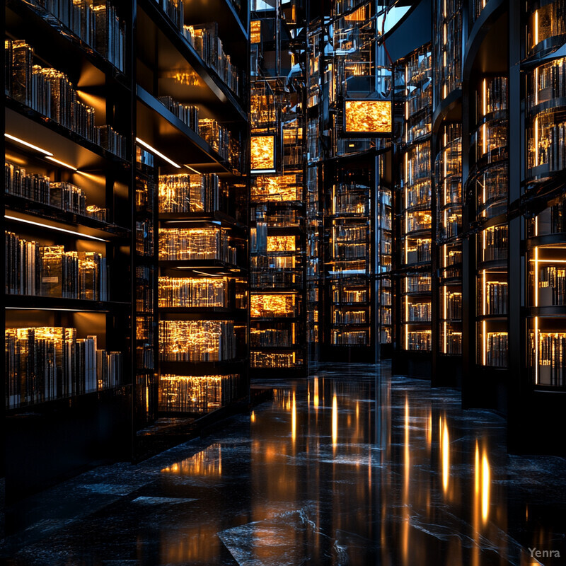 An elaborate library with rows of bookshelves and a polished floor.