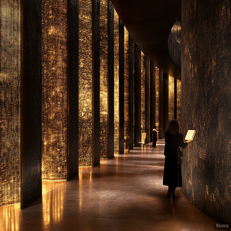 A woman stands in the center of a modern hallway, holding a tablet against one of the columns.