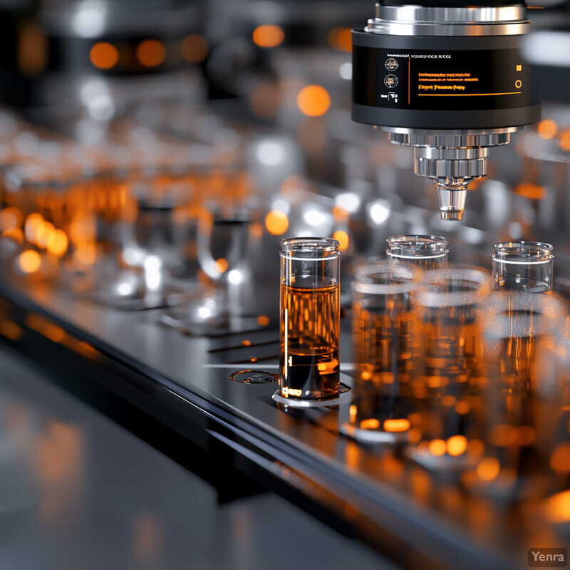 A manufacturing process involving glass vials filled with an orange liquid in a factory or laboratory setting.