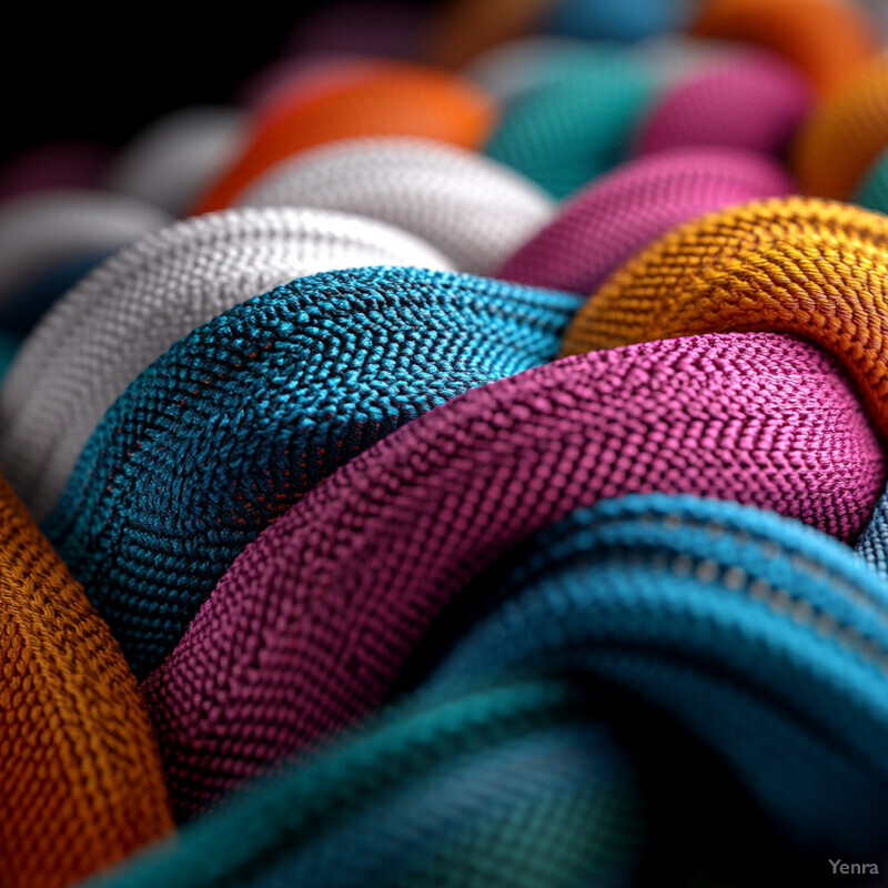 A close-up image of knitted or woven fabric strips in various colors and textures.