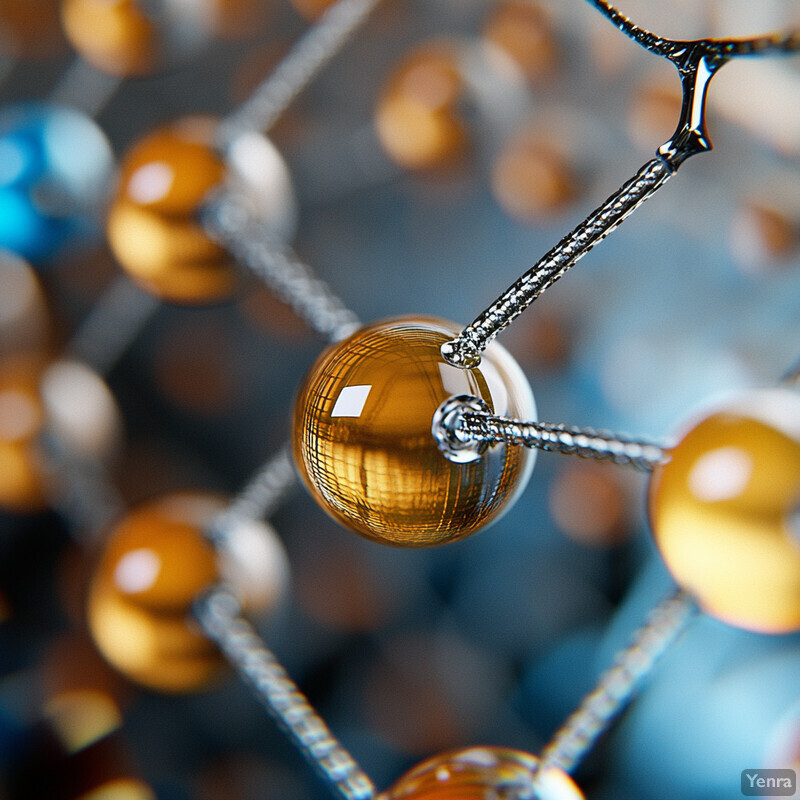 Intricate network of interconnected spheres representing atoms or molecules in a chemical structure.