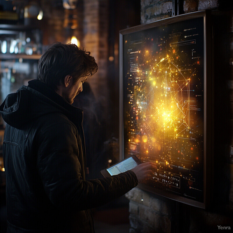 A man is studying a network diagram on a large screen.