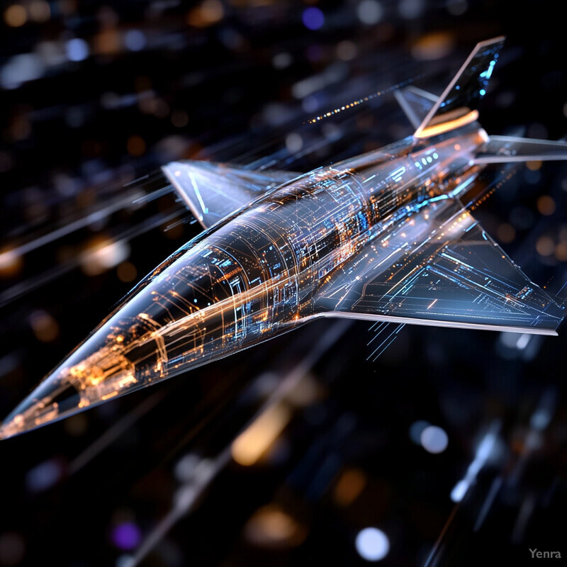 A futuristic jet fighter with a circuit board-like pattern and neon lights is depicted in mid-flight against a dark blue background.