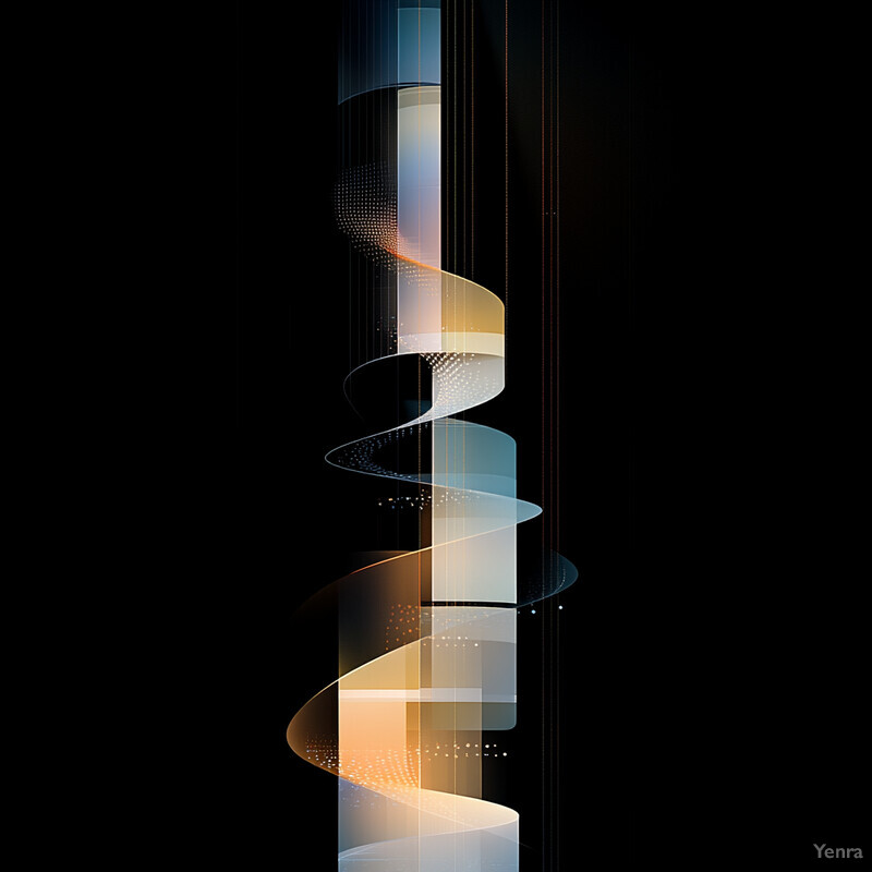 An abstract composition featuring layered, curved shapes in various shades of blue and orange against a black background.