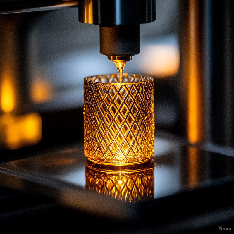 A machine pours molten gold into a glass cup with a diamond patterned exterior.