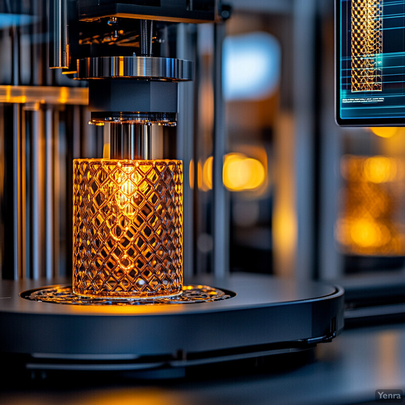 A 3D printer in action, creating a glass cylinder with an intricate diamond-shaped pattern.