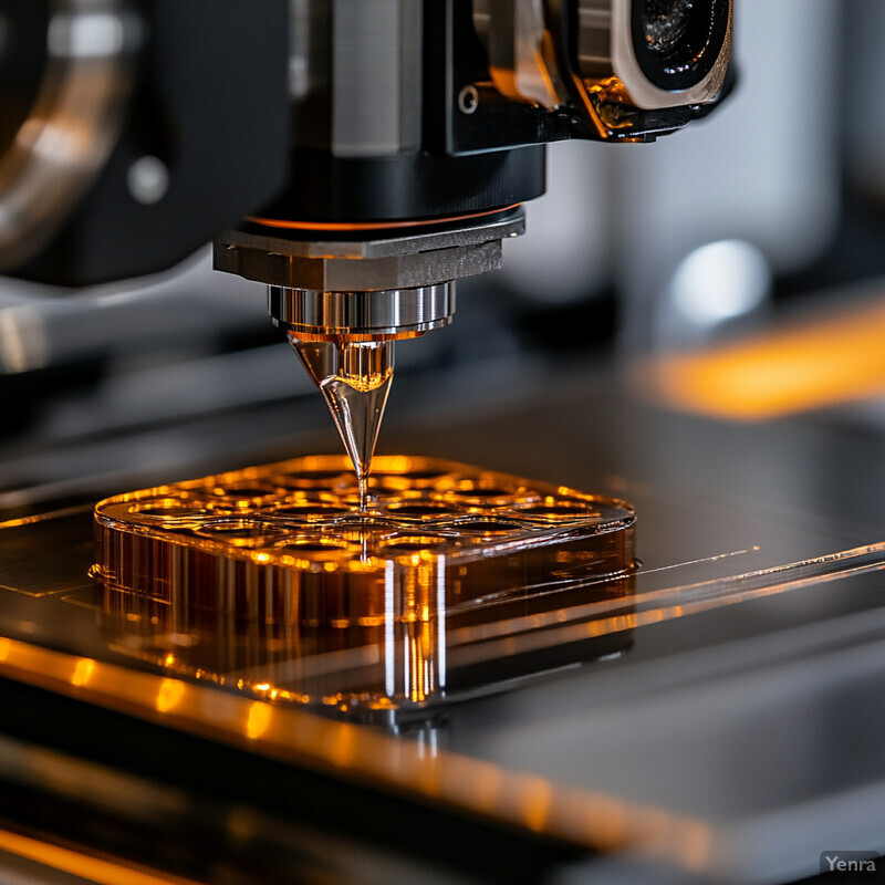 A 3D printer is creating an object layer by layer in a workshop or factory setting.