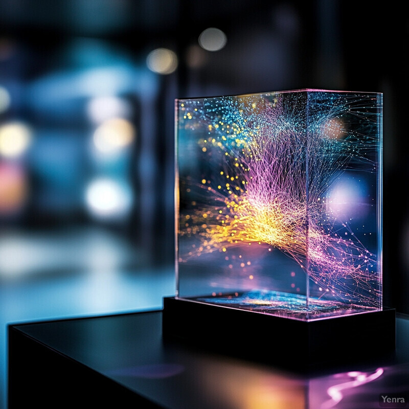 A glass cube with an abstract design inside sits on a black surface against a blurred background.