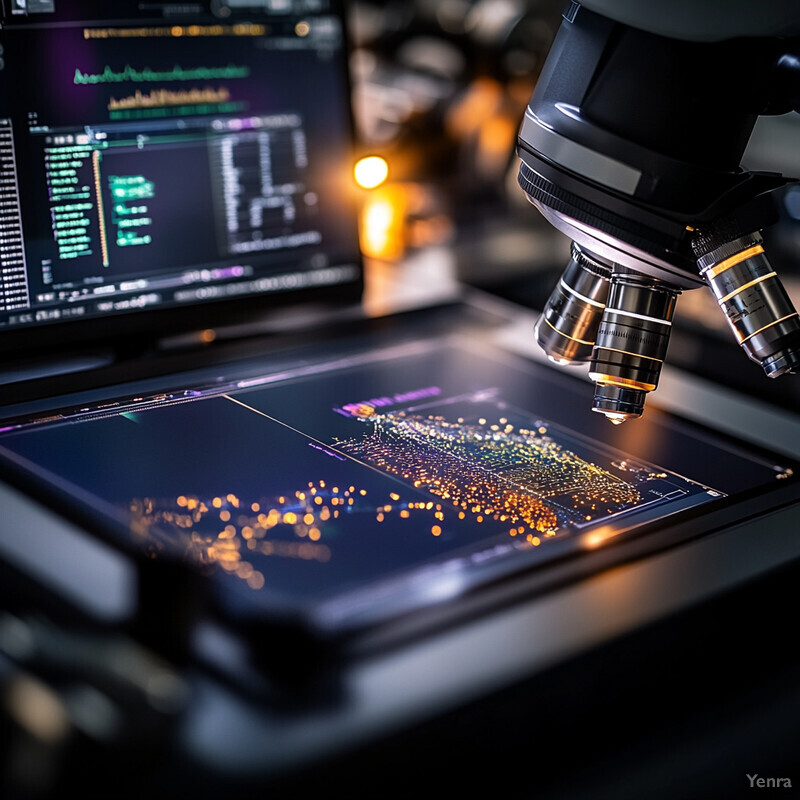 Real-time data analysis in an experiment setting, with a microscope positioned on top of the computer screen.