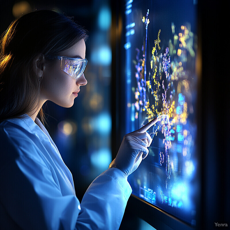 A woman in a lab coat and safety goggles analyzes real-time data in an experiment.