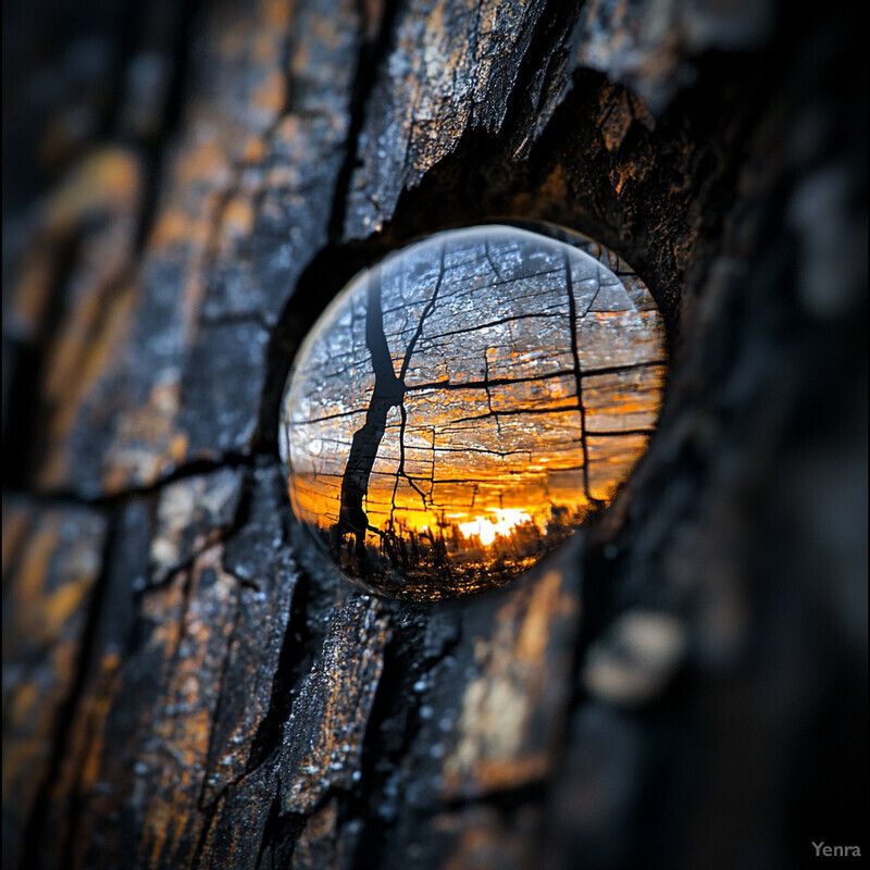 A sunset scene captured through a glass ball on a tree trunk, with the sun's rays casting an orange glow.