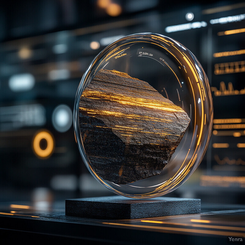 An object encased in a transparent sphere with gold lines on the circumference is displayed in a futuristic laboratory or high-tech showroom.