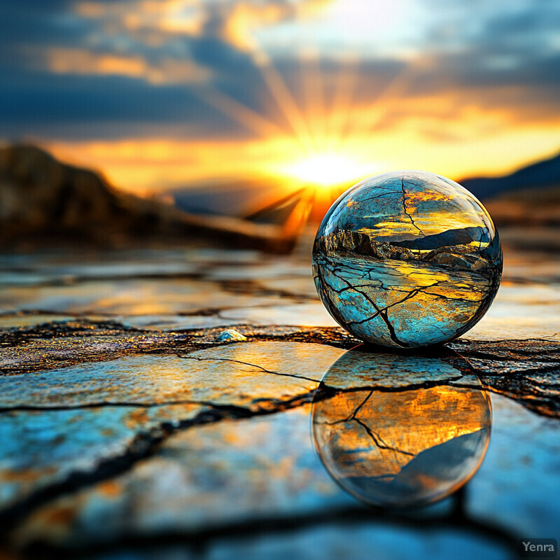 A crystal ball sits on a cracked surface at sunset.