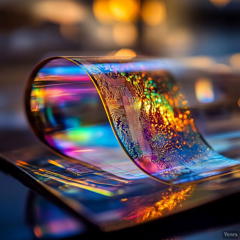 A close-up view of an iridescent material with a wavy shape and curved edges.