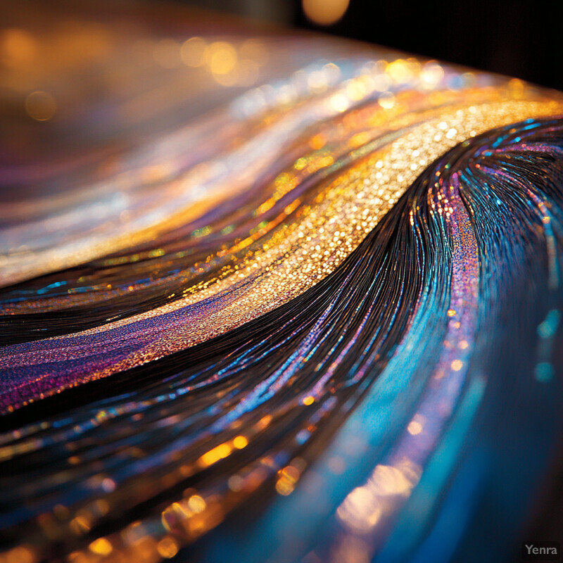 A close-up view of densely packed, iridescent strands displaying color-shifting effects.