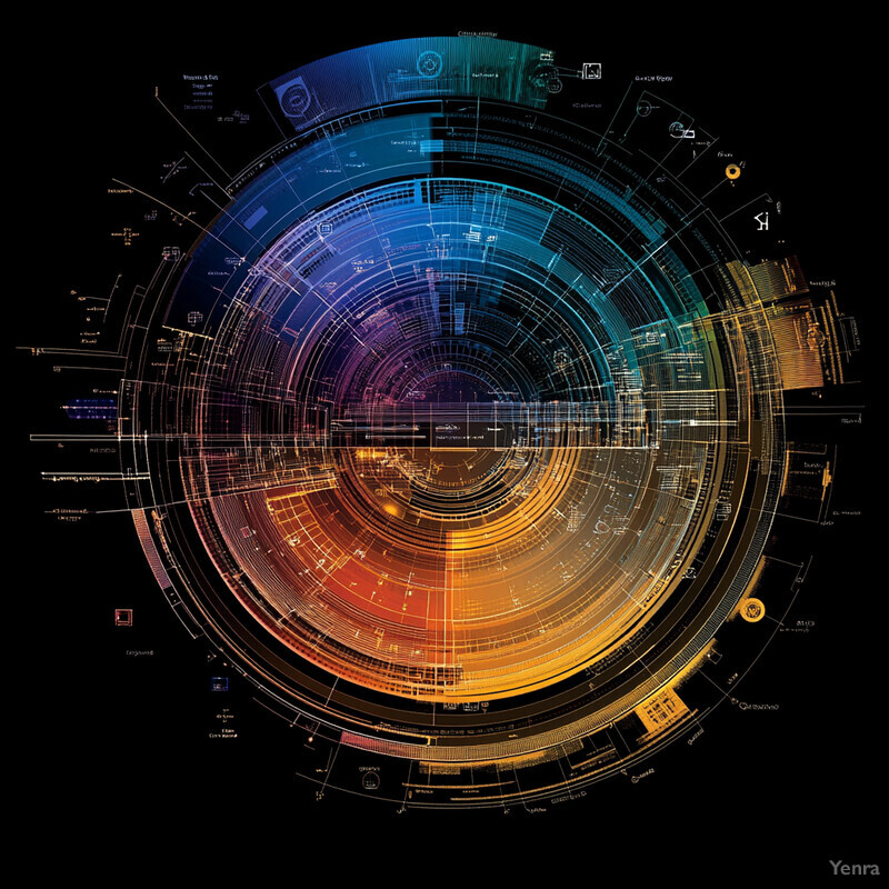 A futuristic, high-tech graphic with a circular shape and various elements arranged around it.