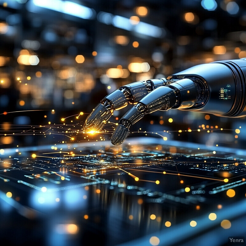 A robotic arm is depicted in front of a computer screen displaying lines of code, highlighting the intersection of robotics and technology.