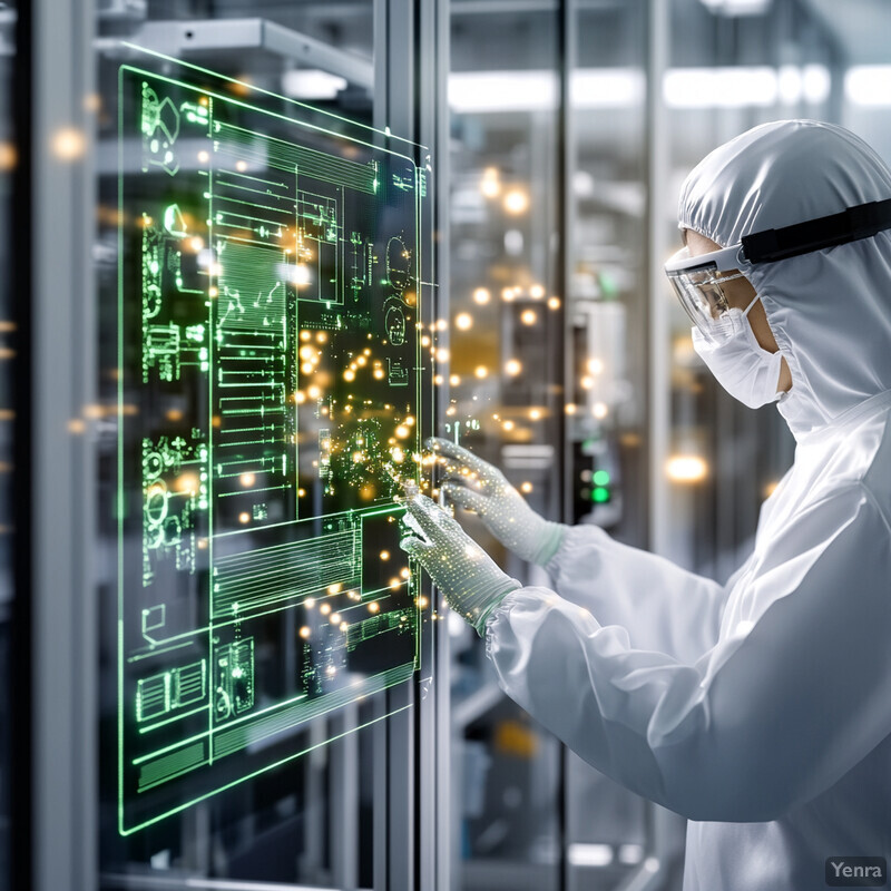 A person in a cleanroom suit is working with a large screen or monitor displaying a green circuit board design.