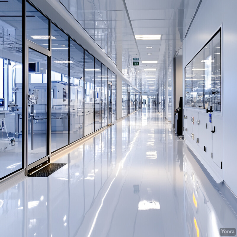 A cleanroom with white walls, polished concrete floors, and a painted ceiling.