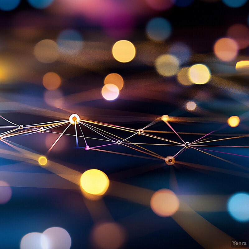 An image depicting a dynamic network with interconnected nodes and lines, set against a dark background with scattered yellow-orange lights.