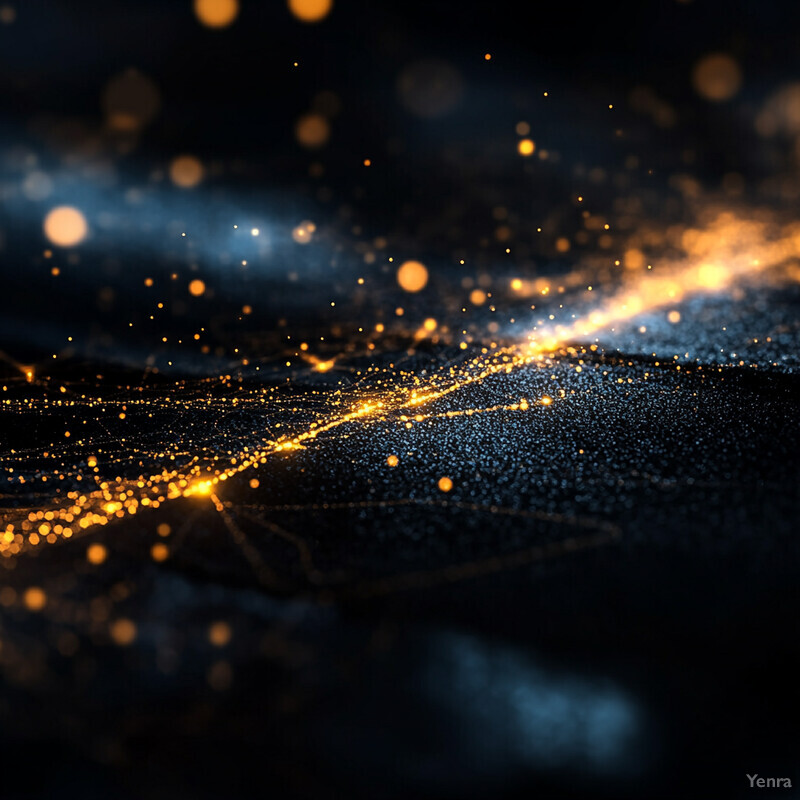 A dynamic scene of sparkling gold particles suspended in mid-air against a black background.