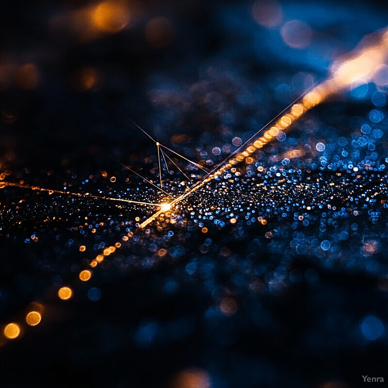 A close-up view of a spider's web, illuminated by soft light and set against a blurred background.