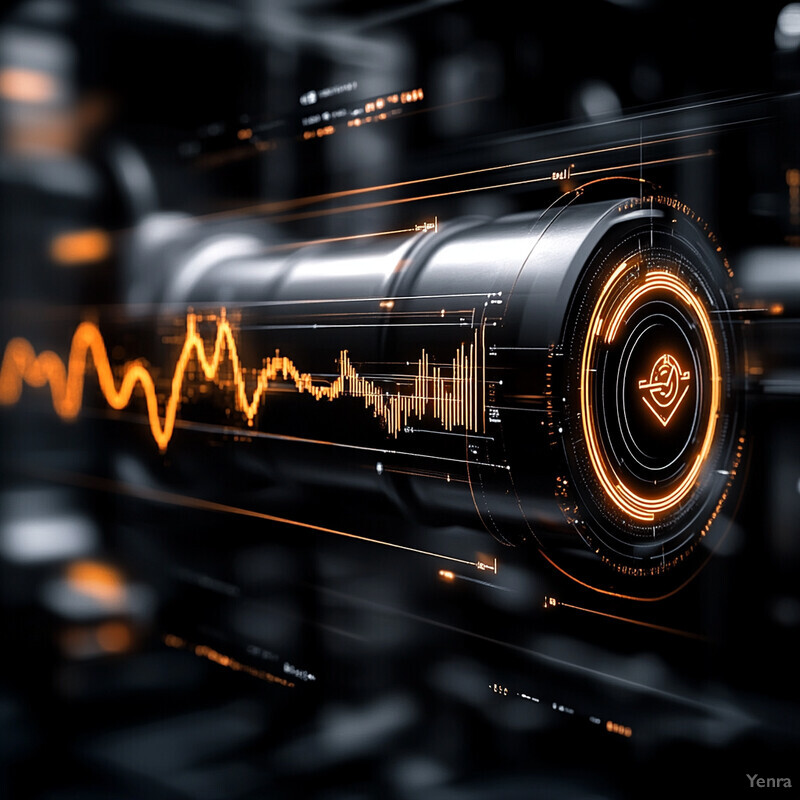 A futuristic-looking cylindrical object with an orange neon light and data analysis elements.