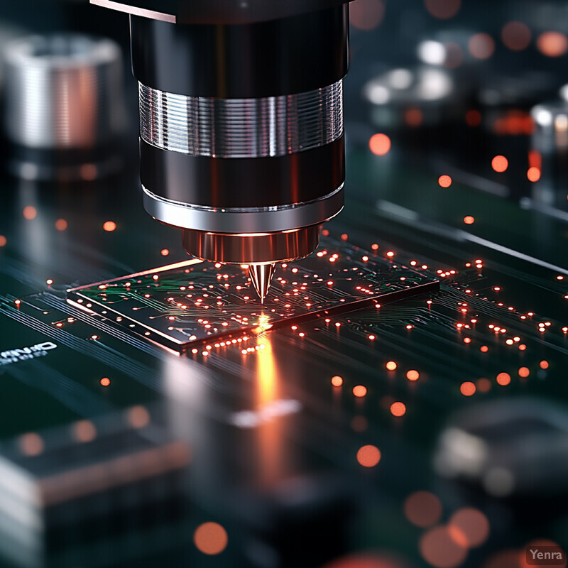 A machine with a silver cylinder and orange light emanating from its base is situated on top of a circuit board.