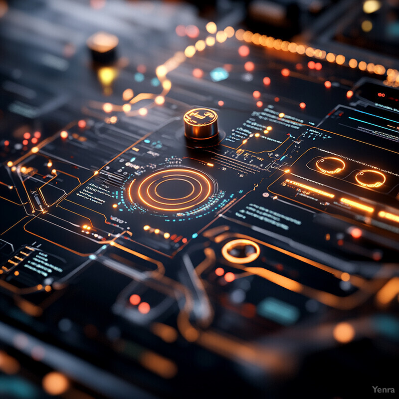 A futuristic electronic circuit board with intricate details and glowing components.