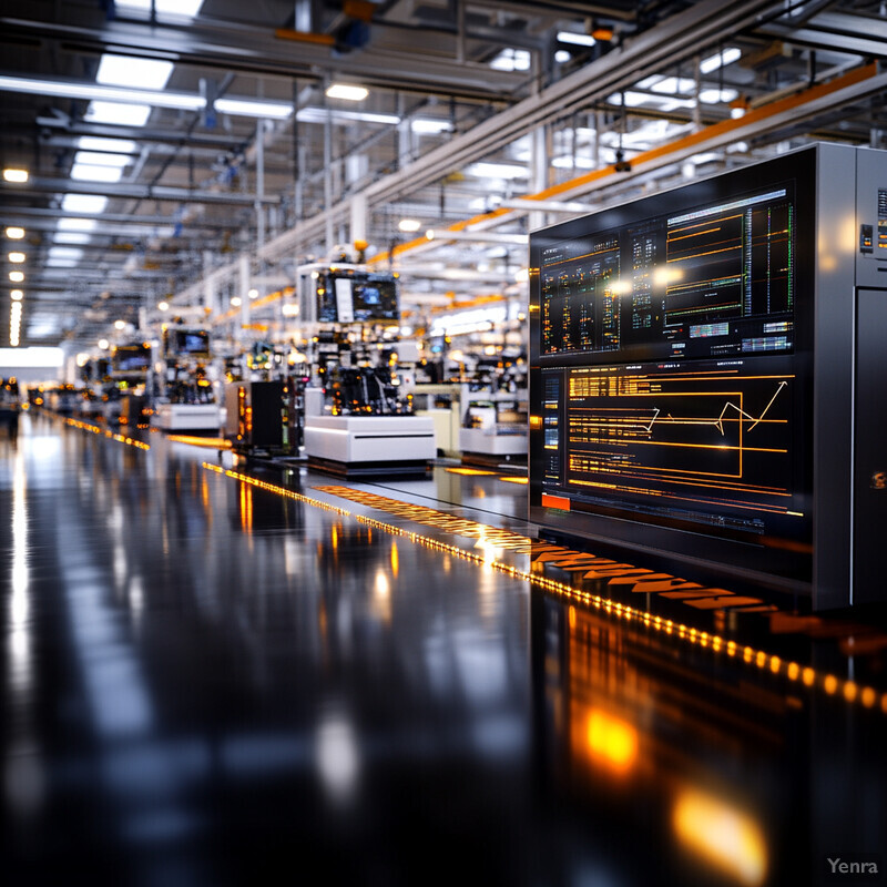 A large, dimly lit room with rows of computer servers and electronic devices, possibly related to data processing or manufacturing.