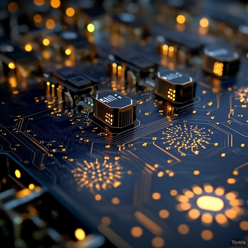 A close-up view of a blue circuit board with gold-colored components, possibly related to electronic engineering or computer hardware.