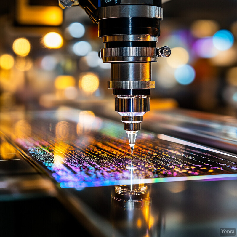 A machine with a silver-colored arm and a small, pointed tip is positioned above a black surface in a manufacturing environment.