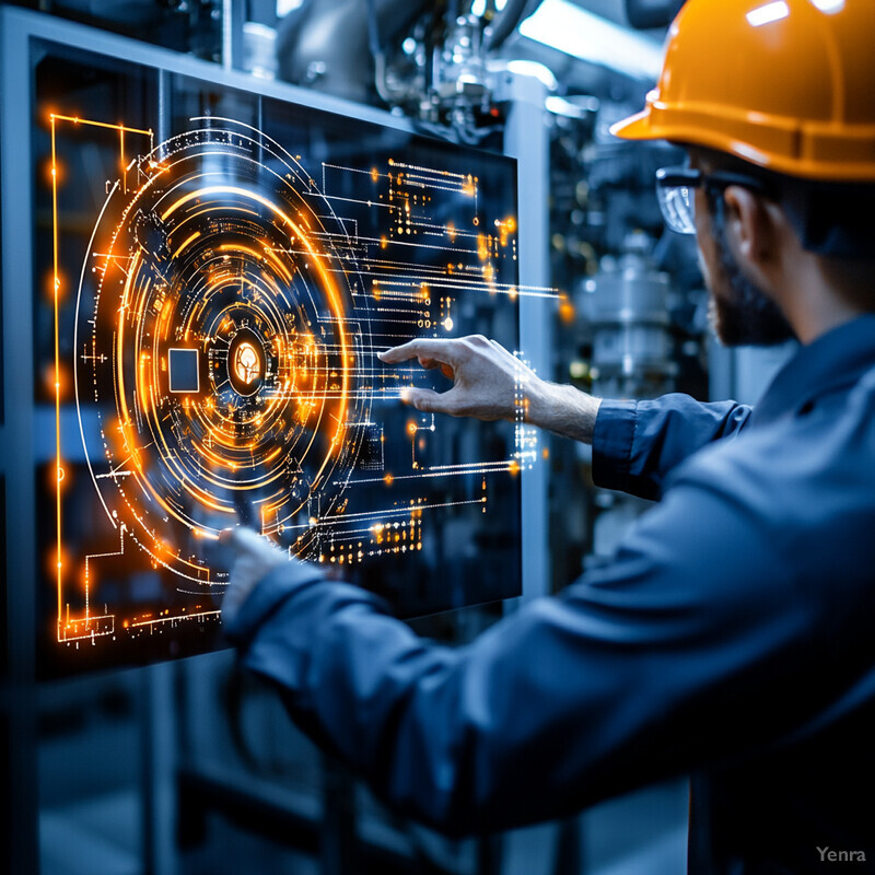 A man in a hard hat interacts with a futuristic screen displaying an orange and white circular interface.