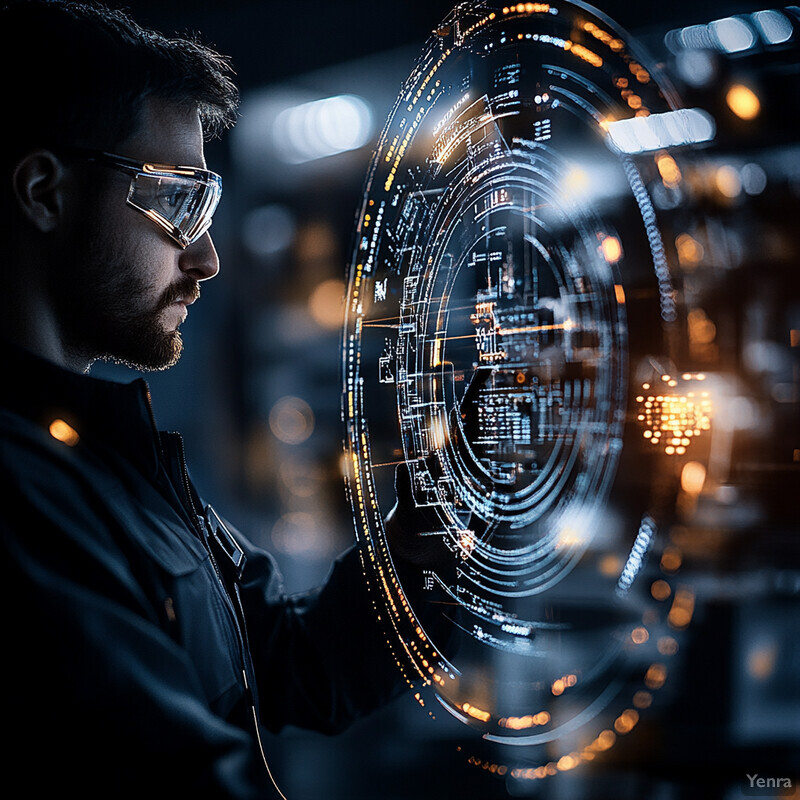 A man in safety glasses stands in front of a large screen displaying a complex diagram related to predictive maintenance.