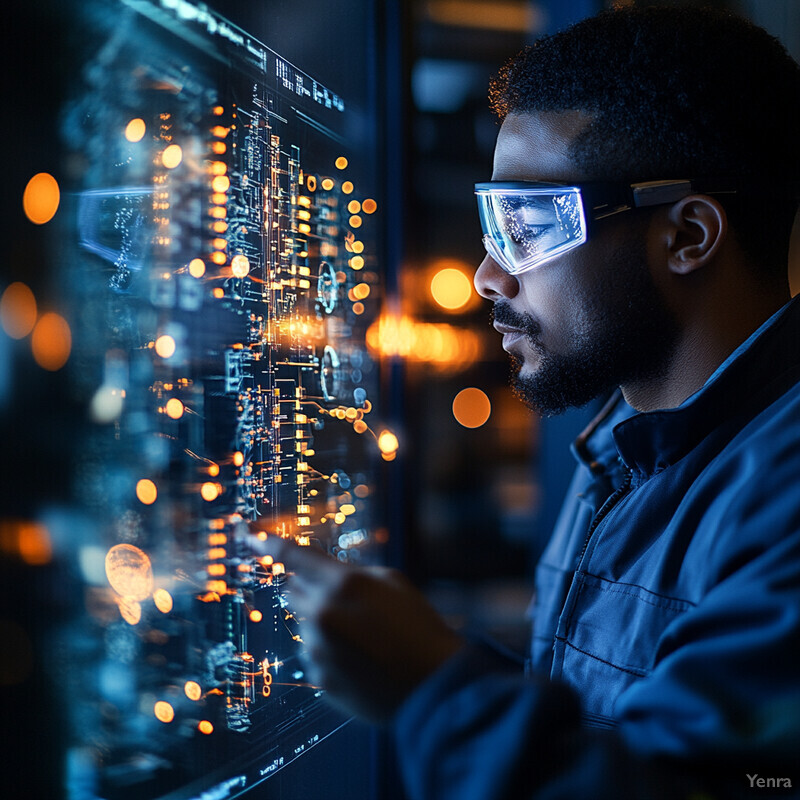 A man in dark blue attire and safety glasses examines a complex graphic on his computer screen, likely related to Predictive Maintenance of Equipment.