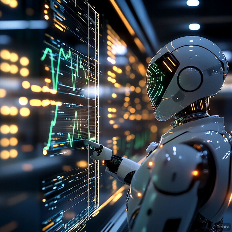 A futuristic robot is engaged in data analysis for predictive yield optimization in a high-tech environment.