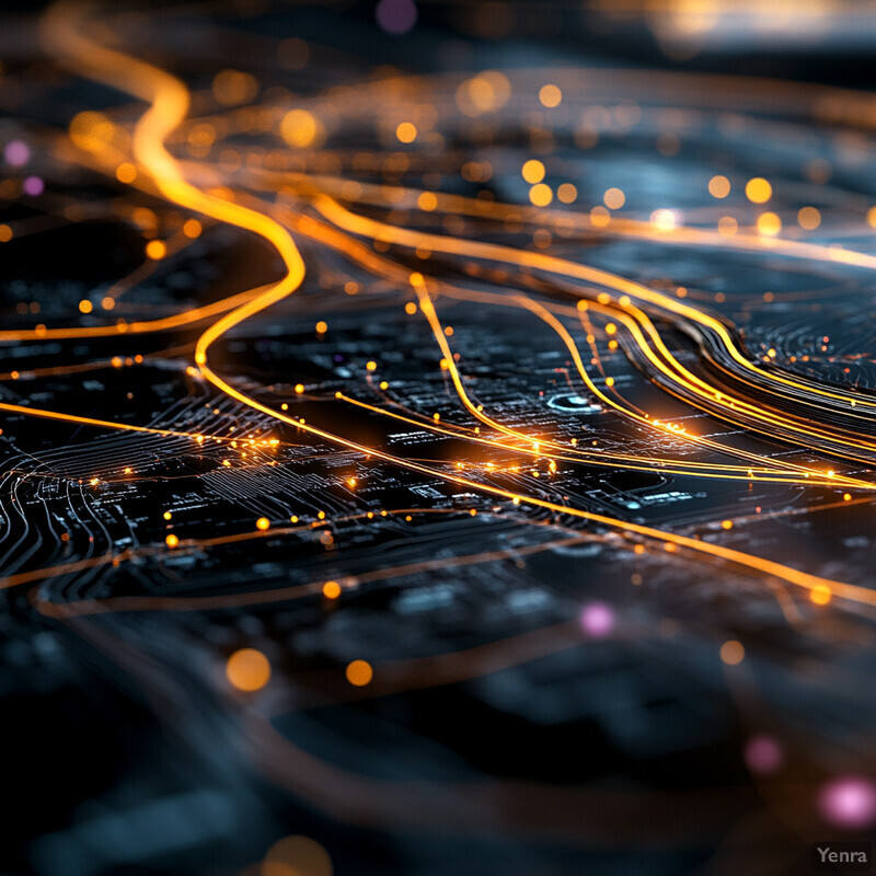 A complex network of interconnected lines and nodes, reminiscent of a circuit board or computer chip.