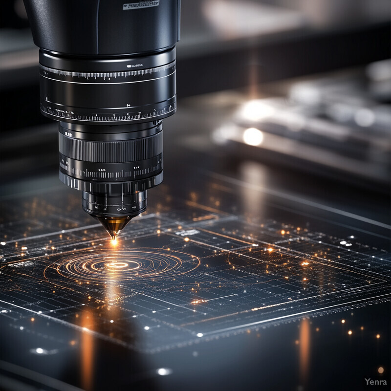 A camera lens is being calibrated using precision tools and equipment in an industrial setting.