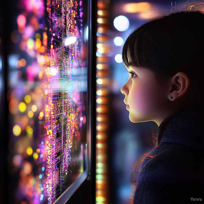 A young girl intently gazes at a vibrant digital display in an educational setting.