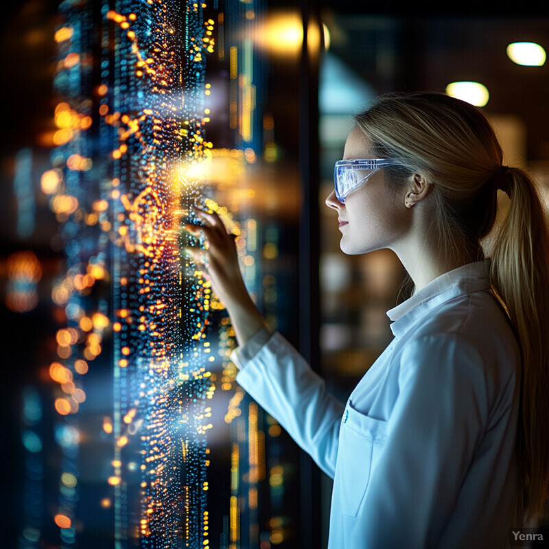 A woman in a lab coat and safety goggles stands in front of a large screen displaying data.