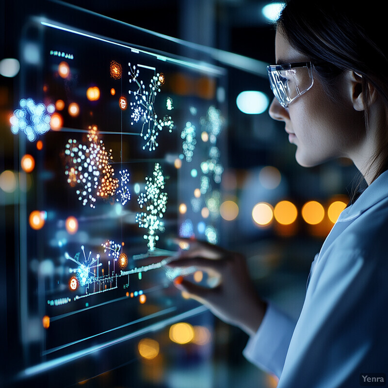 A woman in a lab coat examines microbiome data on a computer screen.