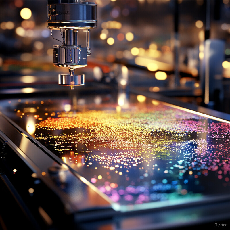 A machine with a flat surface covered in small, colorful lights is positioned at an angle, suggesting a high-tech or industrial setting.