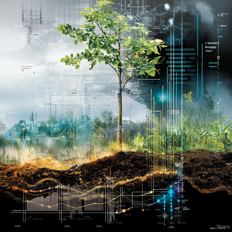 A tree in a field surrounded by various plants and grasses, with computer-generated graphics overlaid on the natural setting.