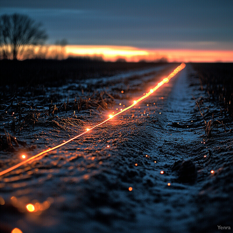 A peaceful landscape with a dirt road, trees, and a sunset.