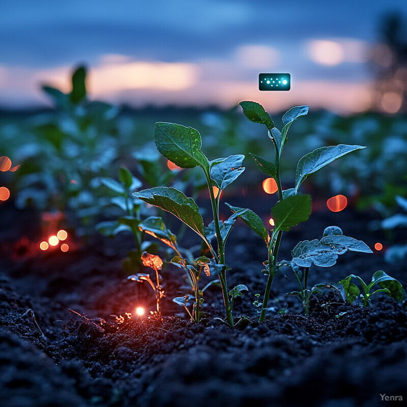 A field of plants with small lights embedded in the soil.