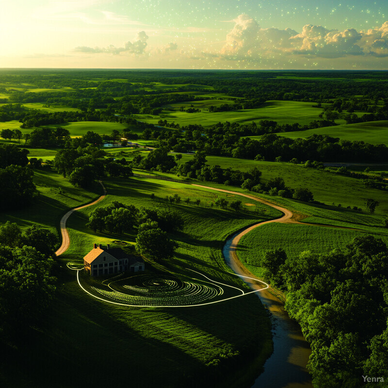 A serene and idyllic rural landscape with rolling hills of green grass, a winding dirt road, and rows of trees.