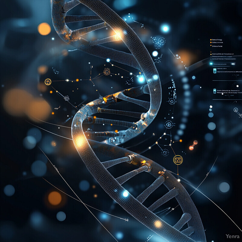 A 3D rendering of DNA double helix strands with gold accents and blue dots in a black background.