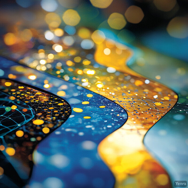 An abstract design featuring interconnected patterns in blue and yellow, evoking a cosmic theme.